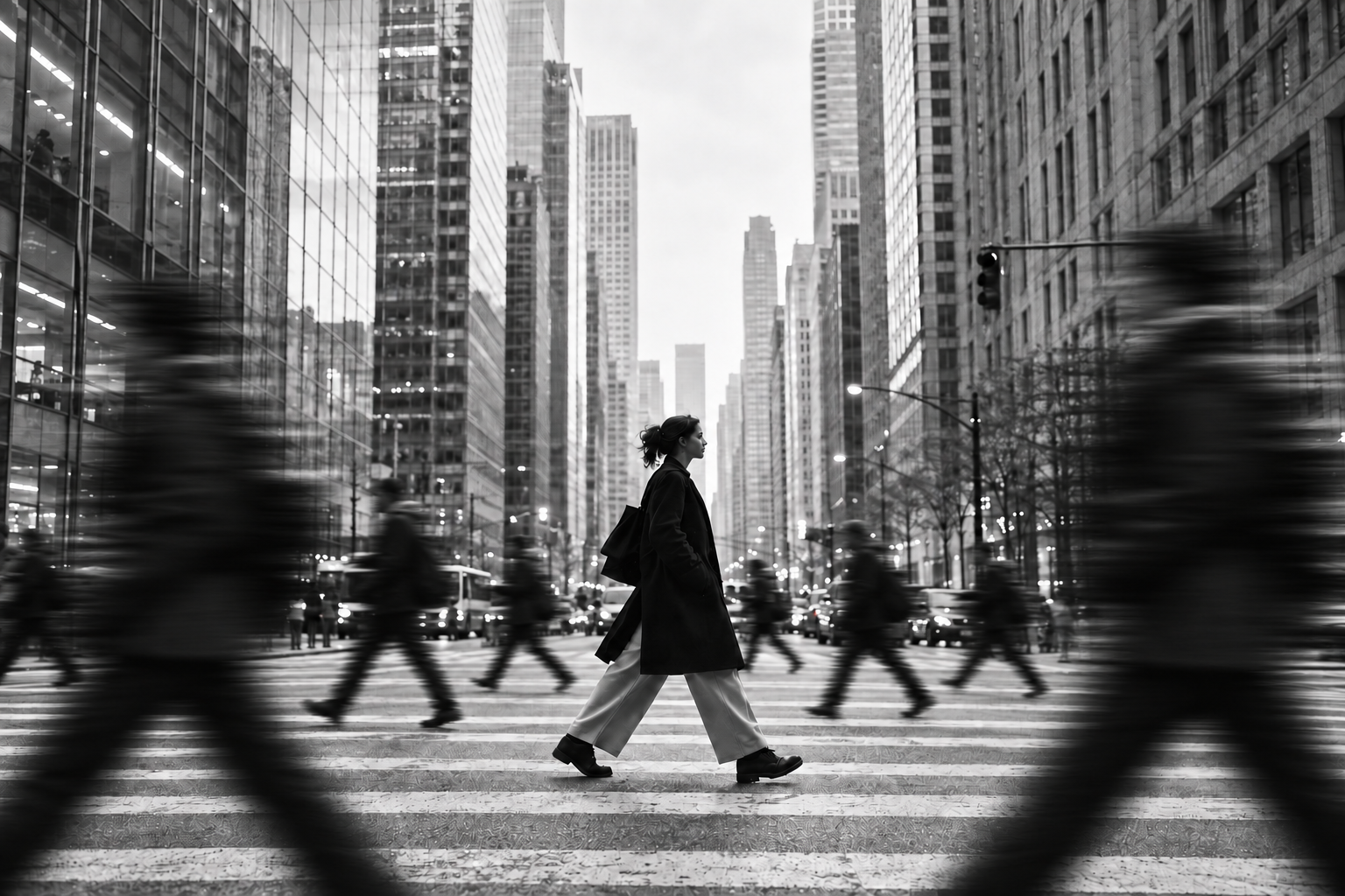 A woman walking through a busy city crosswalk