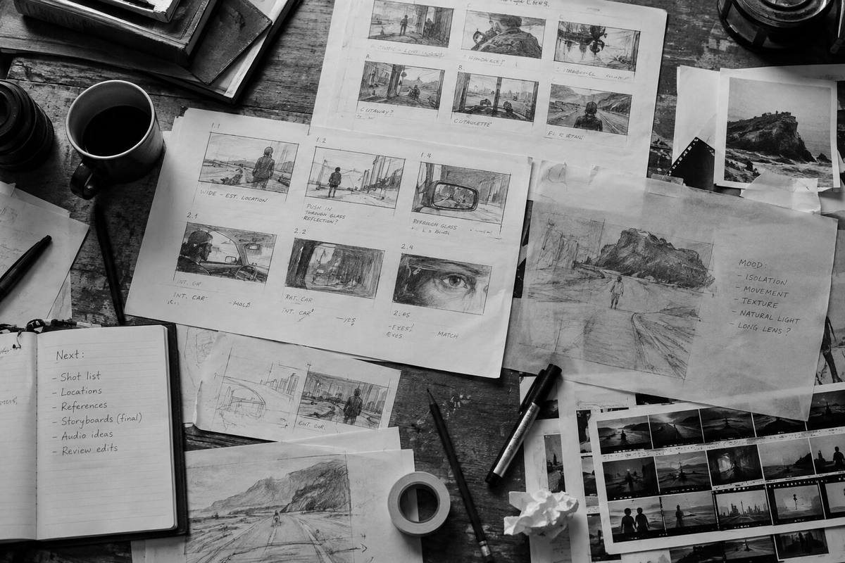 Storyboard drawings, shot notes and sketches spread across a creative desk.
