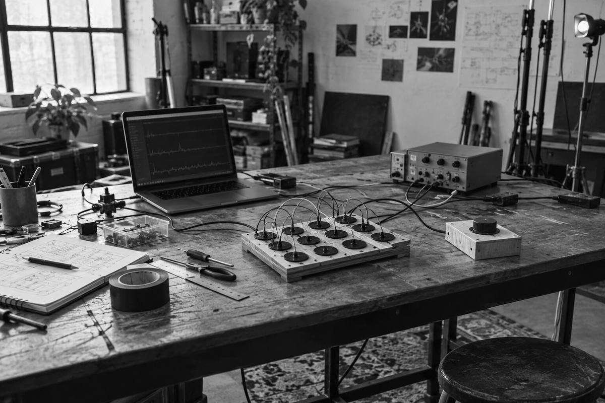 An interactive technology prototype being tested in a working studio.