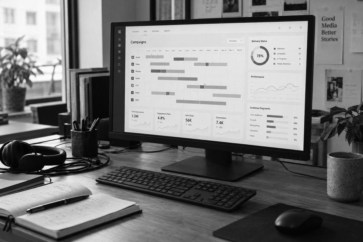 A computer workstation running media planning and distribution software.