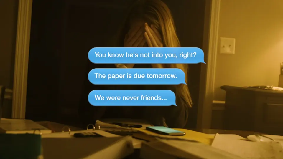 A teen at a desk with text message bubbles over the frame.