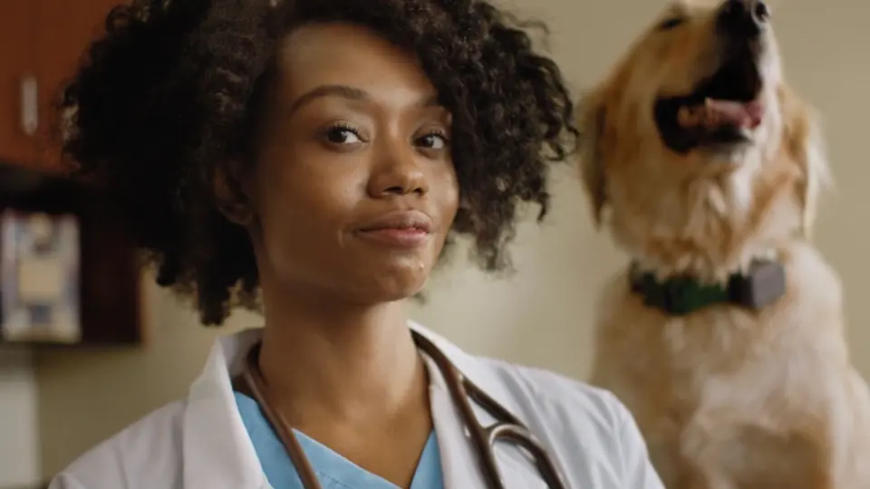 A veterinarian smiling beside a golden retriever.