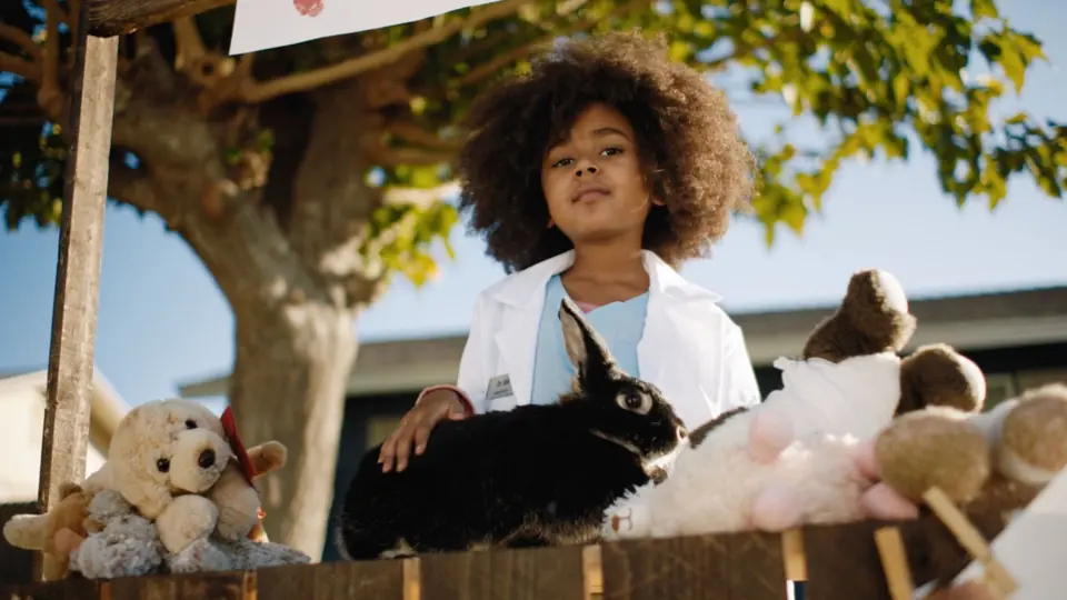A girl at a pretend vet stand outdoors, holding a rabbit.